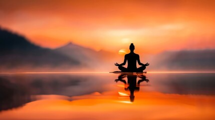 Obraz premium Serene Meditation at Calm Lake at Sunset