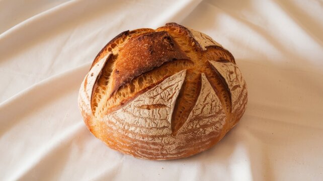 Single organic bread loaf on white backdrop, emphasizing natural and pure baking