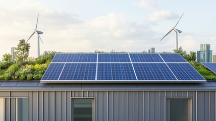 Fototapeta premium Modern home with solar panels on the roof, surrounded by greenery and wind turbines, showcasing sustainable energy solutions.