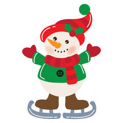 Cute skating snowman  vector cartoon flat style illustration