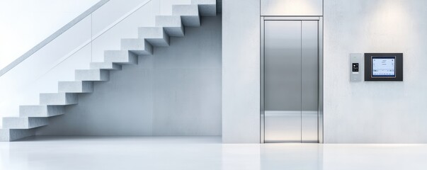 Obraz premium Modern interior featuring a sleek elevator and staircase against a minimalist wall, ideal for architectural and design themes.