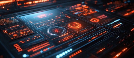 Futuristic digital interface with glowing red and blue elements.