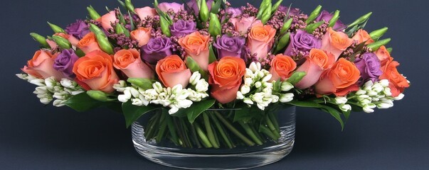 Obraz premium A vibrant floral arrangement featuring roses, lilies, and other blooms in a clear vase.