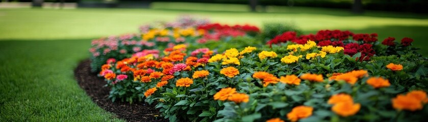 A vibrant flower garden featuring a mix of colorful blossoms in a landscaped area.