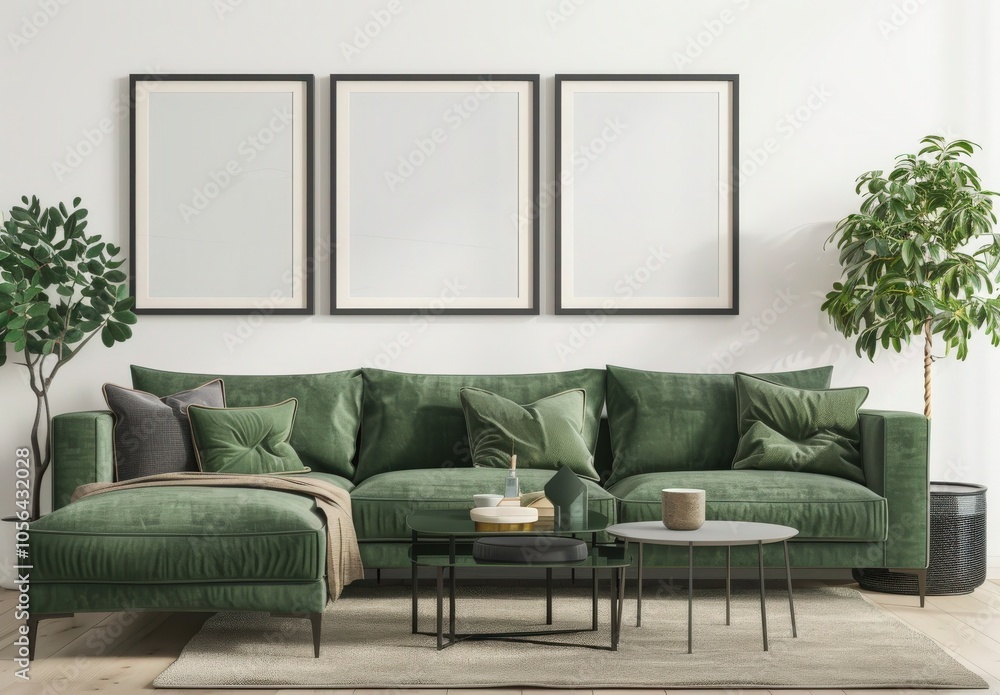 Wall mural modern living room interior with green velvet sofa. three empty frames on white wall. two coffee tab