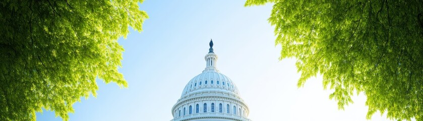 Scenic view of a government building surrounded by lush greenery under a clear blue sky, representing democracy and nature.
