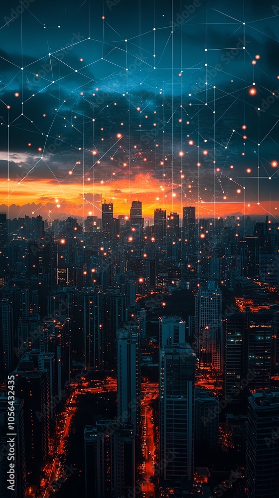 Poster a cityscape at sunset with a network of glowing lines connecting the buildings.