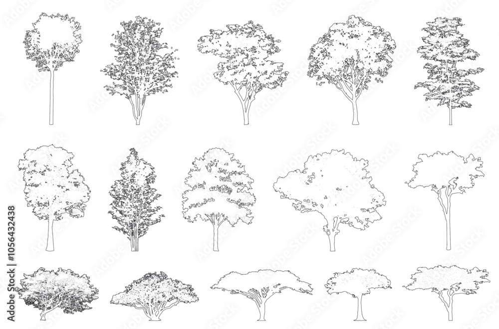 Poster Minimal style cad tree line, Side view, set of graphics trees elements outline symbol for architecture and landscape design drawing. Vector illustration in stroke fill in white. Tropical