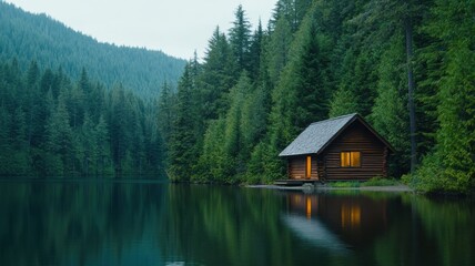 Fototapeta premium Serene cabin by the tranquil lake surrounded by lush forest, reflecting nature's beauty and offering a peaceful escape.