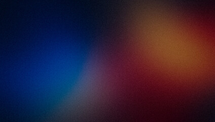 Grainy gradient background red orange blue abstract glowing color wave black dark backdrop, noise texture banner poster header design, copy space