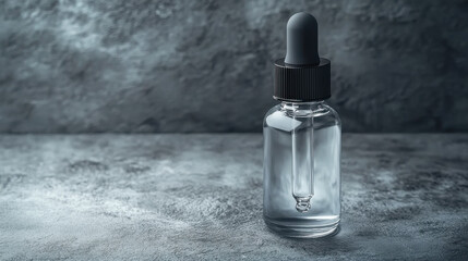 clear glass dropper bottle with black lid, sitting on a textured grey surface