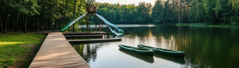 Obraz premium Serene lake view with a slide and kayaks, surrounded by lush trees, perfect for outdoor adventure and relaxation.