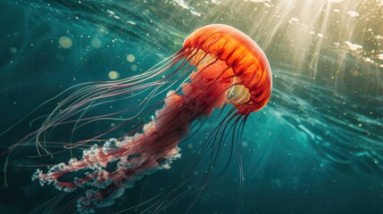 Red jellyfish in dark ocean water