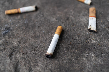 Several cigarette butts scattered on pavement, illustrating urban litter and pollution issues.