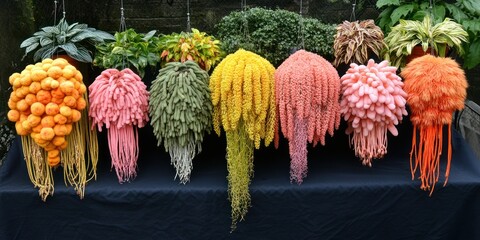 A display of vibrant, unusual plants resembling colorful, cascading forms.
