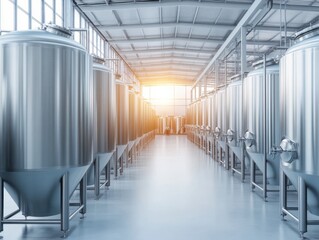Spacious industrial brewery interior with stainless steel tanks, bright lighting, and a clean, organized environment.