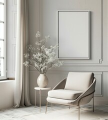 A modern living room with a cream armchair. a vase of white flowers. a side table. and a blank canvas on the wall