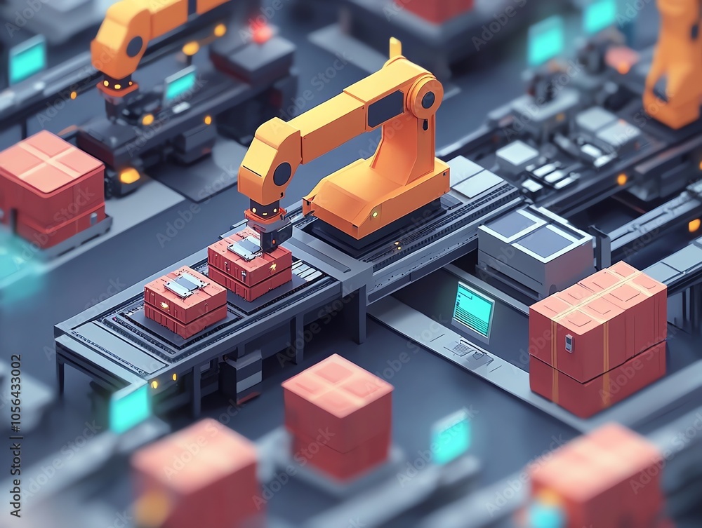 Poster an isometric illustration of a robotic arm working on an assembly line in a futuristic factory.