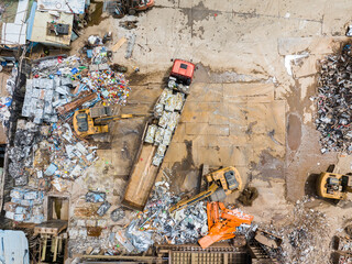 Aerial view of Trash disposal for recycling and re-use. Recycling of Construction waste or debris...