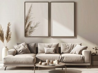 Minimalist living room interior design with a beige sectional sofa. two framed prints of pampas grass. a coffee table. and decorative objects