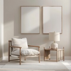 A cozy living room with a comfortable chair. side table. lamp. and two framed canvases