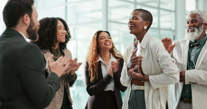 Award, clapping and woman in office, smile and celebration for recognition in company, happy and grateful. Colleagues, prize and applause for achievement, success and people with joy and laughing