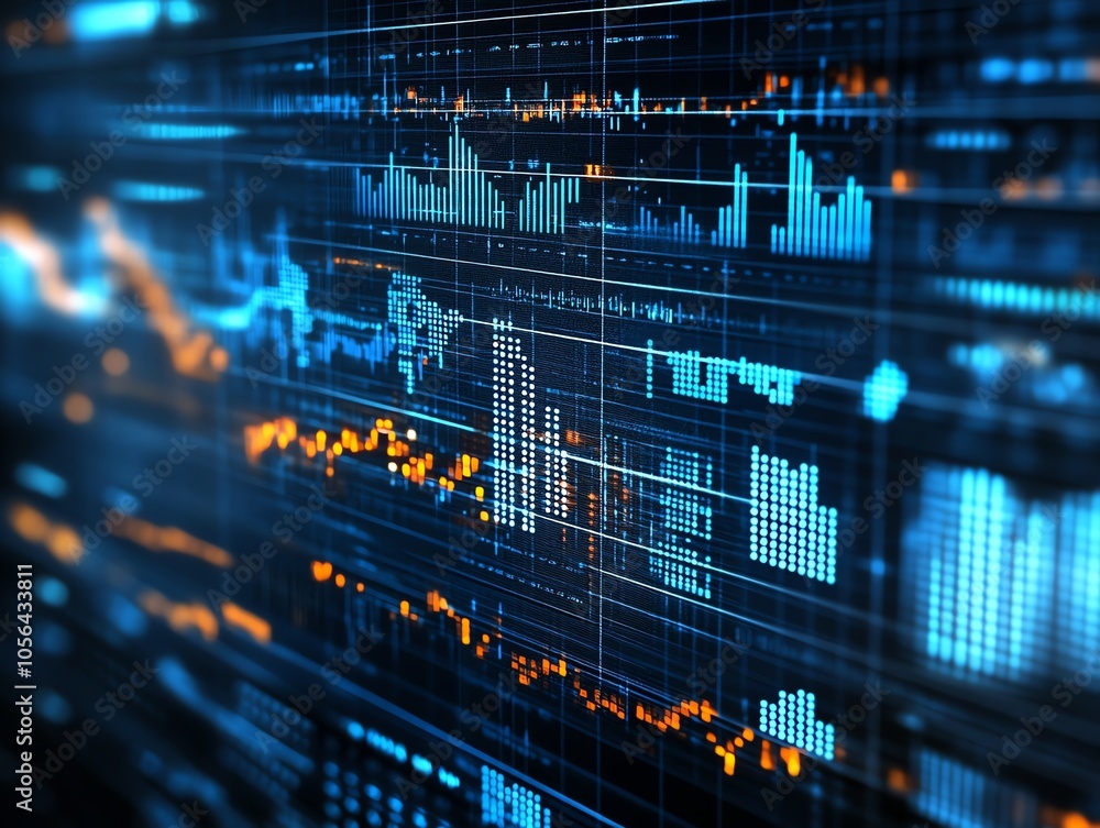 Aufkleber Abstract futuristic data visualization with graphs, charts and digital code in blue and orange on dark background.