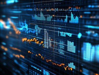 Abstract futuristic data visualization with graphs, charts and digital code in blue and orange on dark background.