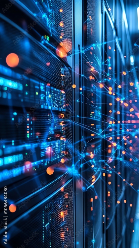 Poster Server racks in a data center with glowing lines representing network connections.