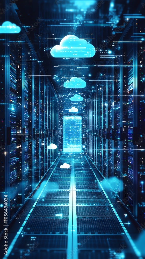 Poster A futuristic server room hallway with glowing blue clouds representing the cloud computing network, a conceptual representation of data storage and processing.