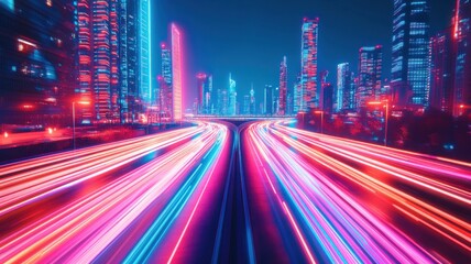 Fototapeta premium Vibrant city skyline with neon lights and light trails, showcasing the dynamic energy of an urban nightscape.