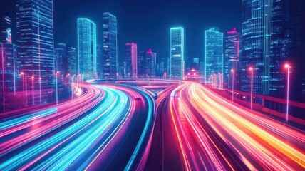 Vibrant cityscape at night, showcasing bright light trails on a busy highway with illuminated skyscrapers in the background.