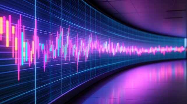 Vibrant audio waveform display showcasing sound intensity with dynamic colors and smooth curves, ideal for music and technology themes.