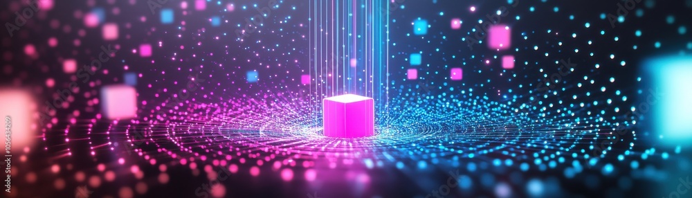 Poster vibrant digital landscape featuring luminous cubes and radiant particles, creating a mesmerizing vis