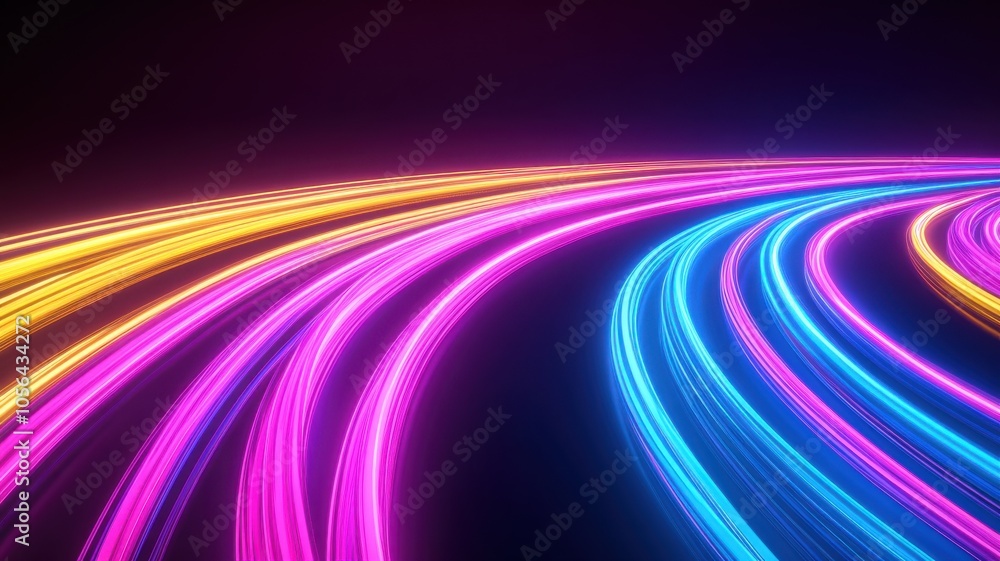 Poster vibrant neon lines create a dynamic pattern in a dark background, showcasing colorful light trails i