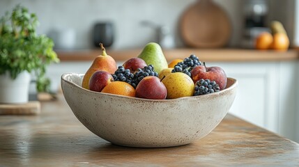 A bowl of fresh fruit including apples, pears, grapes, and plums, on a kitchen counter.