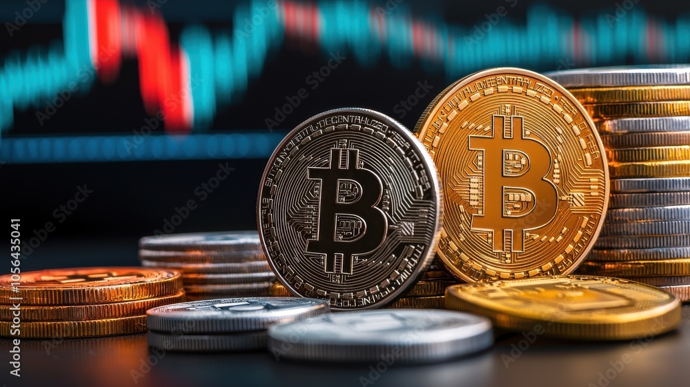 Poster a collection of bitcoin coins with a fluctuating price chart in the background, symbolizing cryptocu