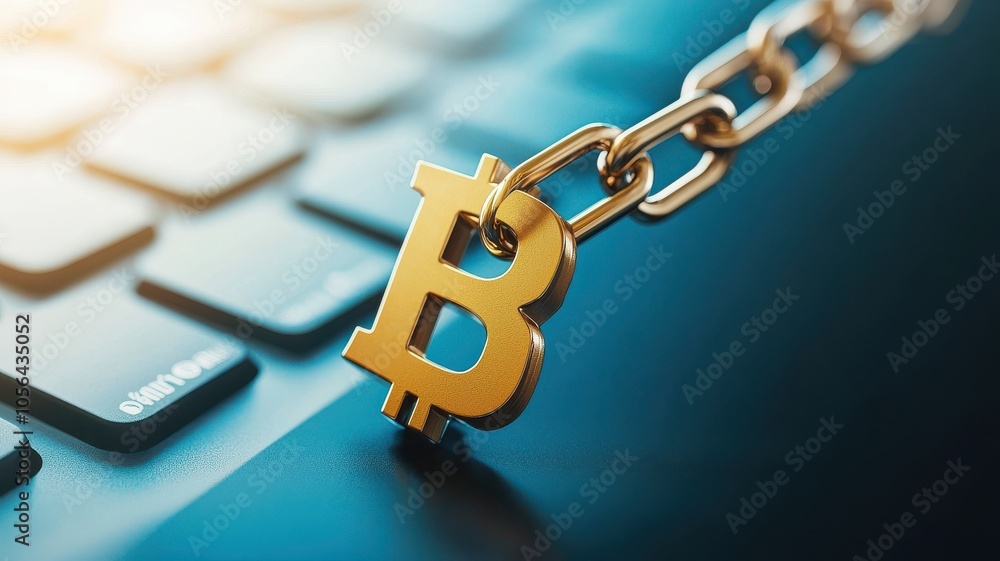 Poster A golden Bitcoin symbol linked to a chain rests on a keyboard, symbolizing the connection between cryptocurrency and technology.