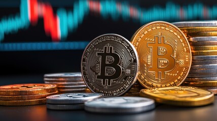 A collection of Bitcoin coins with a fluctuating price chart in the background, symbolizing cryptocurrency investment and market dynamics.