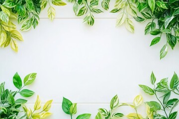Naklejka premium A decorative frame of green leaves on a light background, ideal for nature-themed designs.