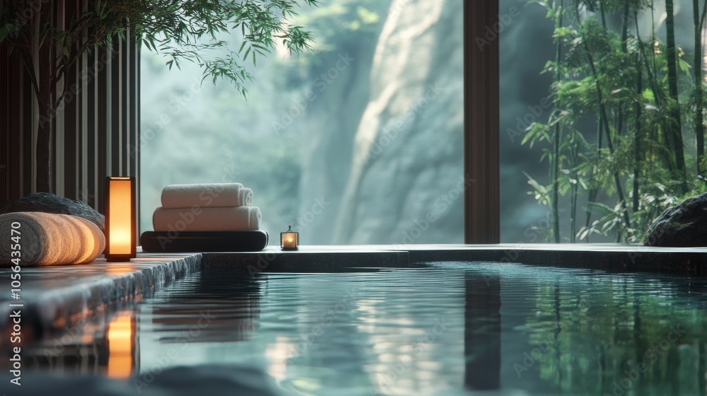 Poster a serene and peaceful setting with a pool and a waterfall in the background