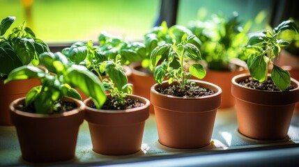 A collection of small basil plants growing in terracotta pots on a windowsill.