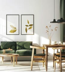 Modern living room with green sofa. wooden dining table. and two framed botanical prints