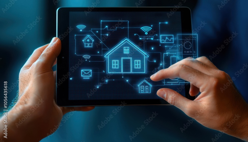 Poster a person uses a tablet to interact with a digital blueprint of a house, showcasing smart home techno