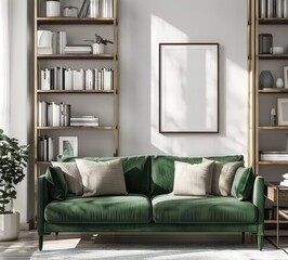 A modern living room interior with a green velvet sofa. wooden shelves. and a blank frame on the wall Sunlight streams in from the window