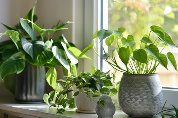 A collection of vibrant indoor plants in stylish pots placed by a sunlit window, creating a fresh and modern home interior.