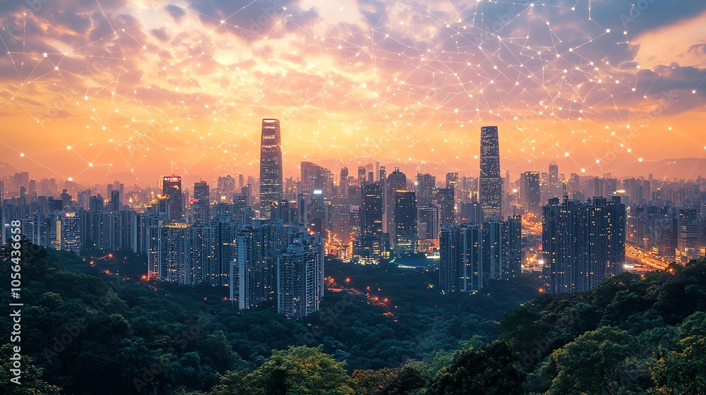 Poster a panoramic view of a modern city skyline at sunset, with a network of glowing lines connecting the 