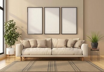 Modern living room interior with a beige sofa. three empty picture frames. a rug. and plants