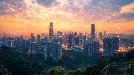 Fototapeta premium A panoramic view of a modern city skyline at sunset, with a network of glowing lines connecting the buildings, symbolizing connectivity and technological advancement.
