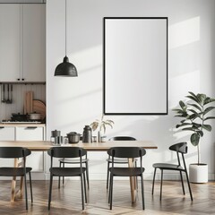 Modern kitchen with dining table and chairs. a large empty frame on the wall. and a potted plant in the corner